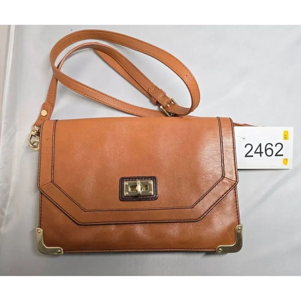 Vintage Tan Leather Crossbody Bag With Gold Accents & Turn-Lock Closure